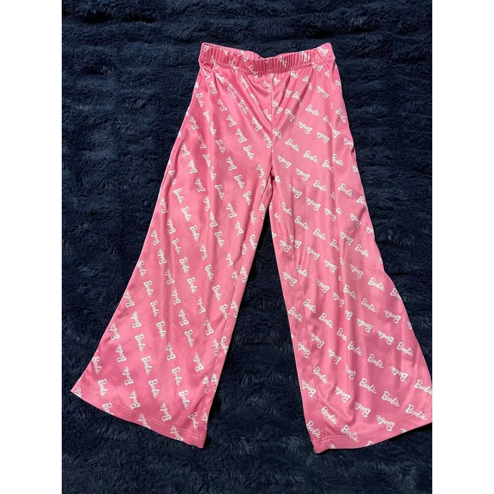 Barbie Girls Pajama Set Size 5T Pink Logo Button Up Sleepwear EUC